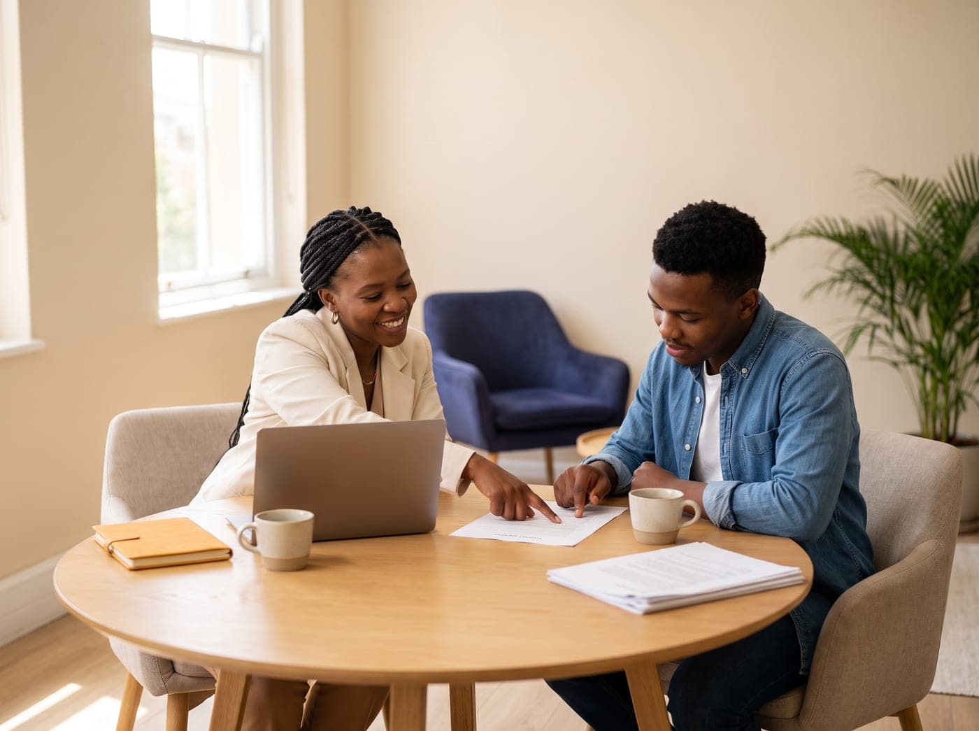 Career coach reviewing a CV with a client at a table in a bright studio