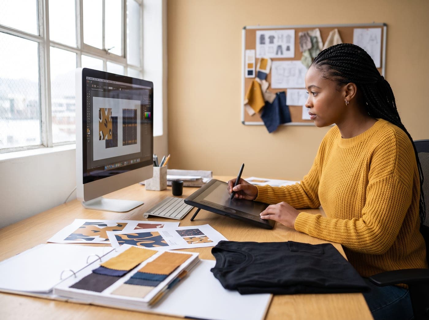 Designer refining apparel artwork on a drawing tablet beside proofs and colour swatches