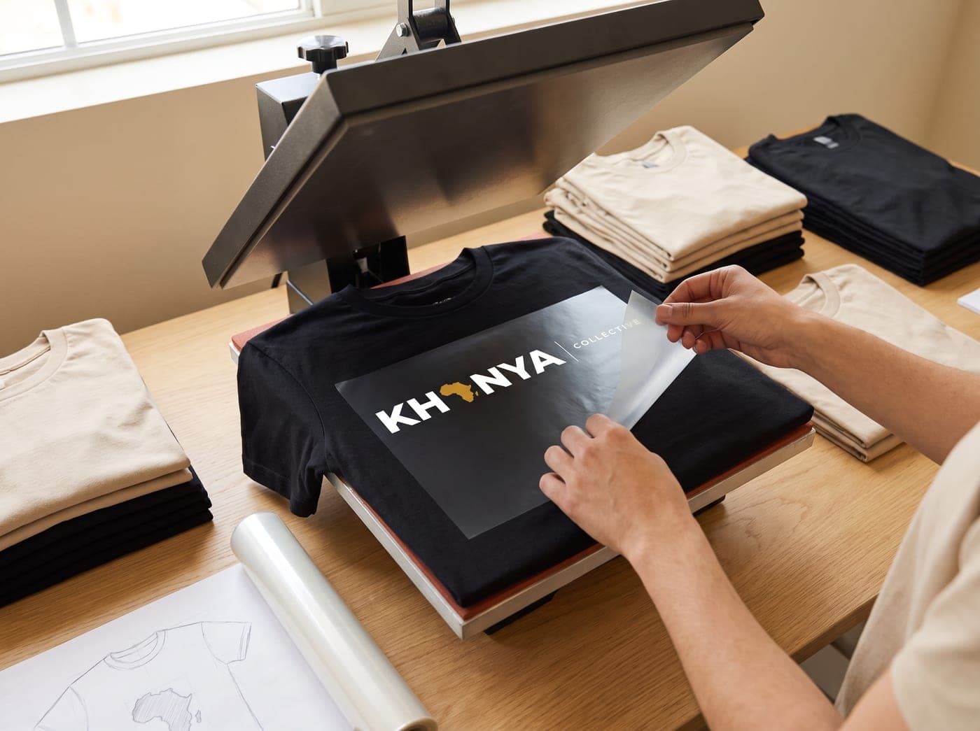 Hands peeling transfer film from a freshly heat-pressed Khanya Collective T-shirt