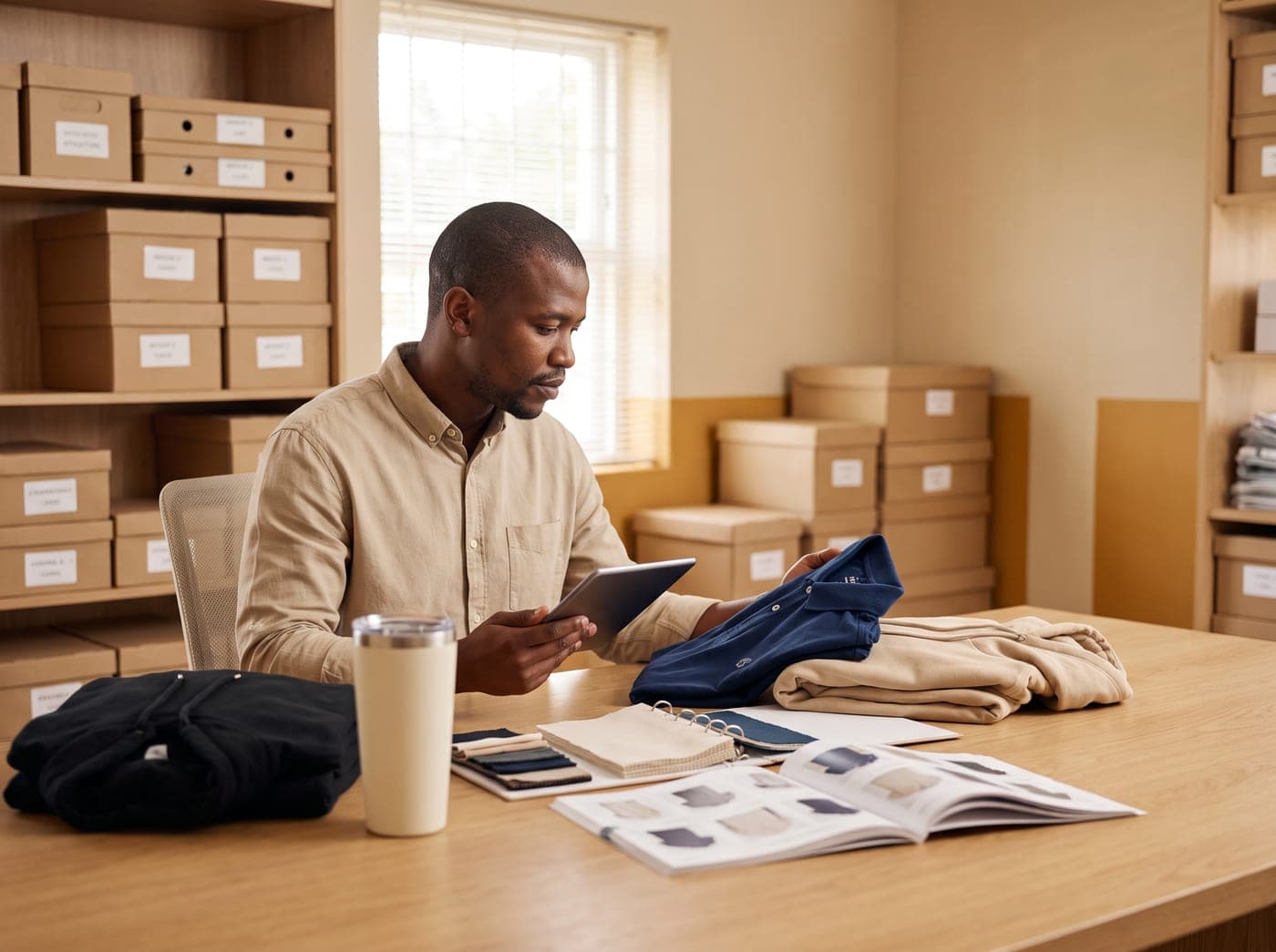 Comparing garment and product samples on a tablet in an organised stockroom
