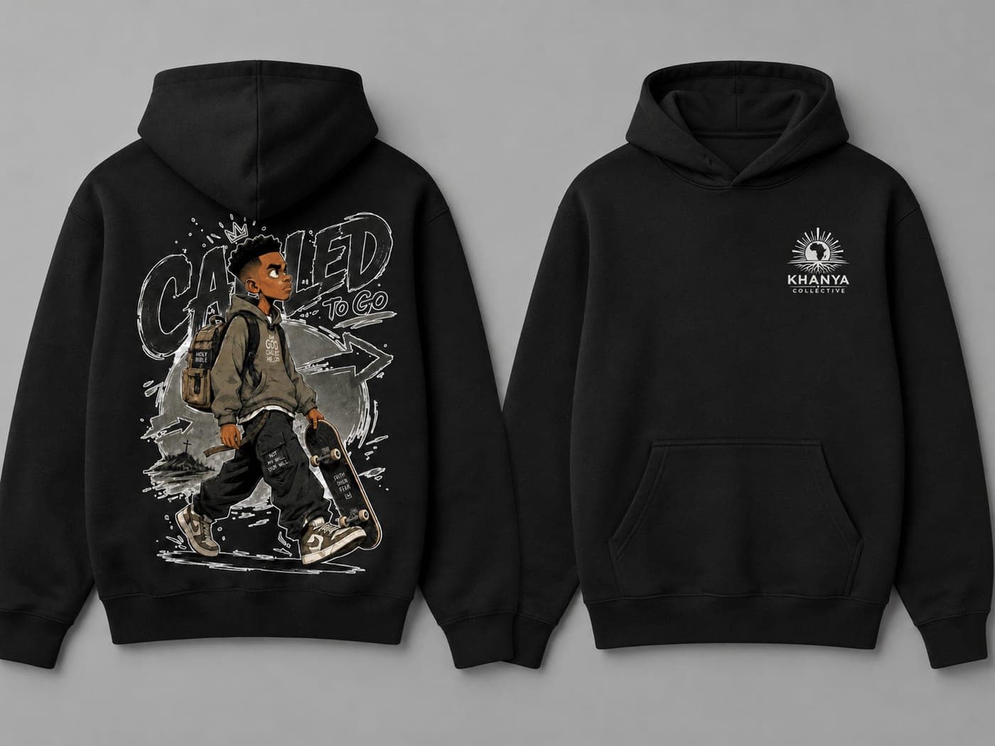 Black hoodie with an illustrated 'Called to Go' back print and a small Khanya chest logo