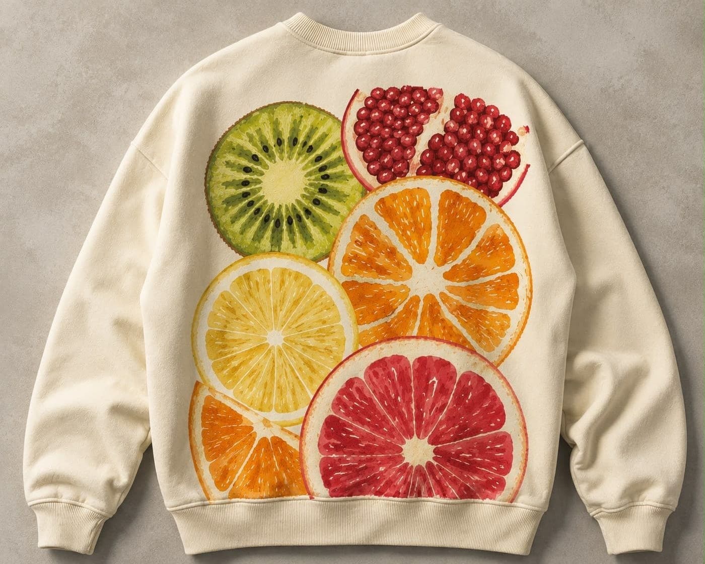 Cream sweatshirt with a large all-over print of citrus slices, kiwi and pomegranate
