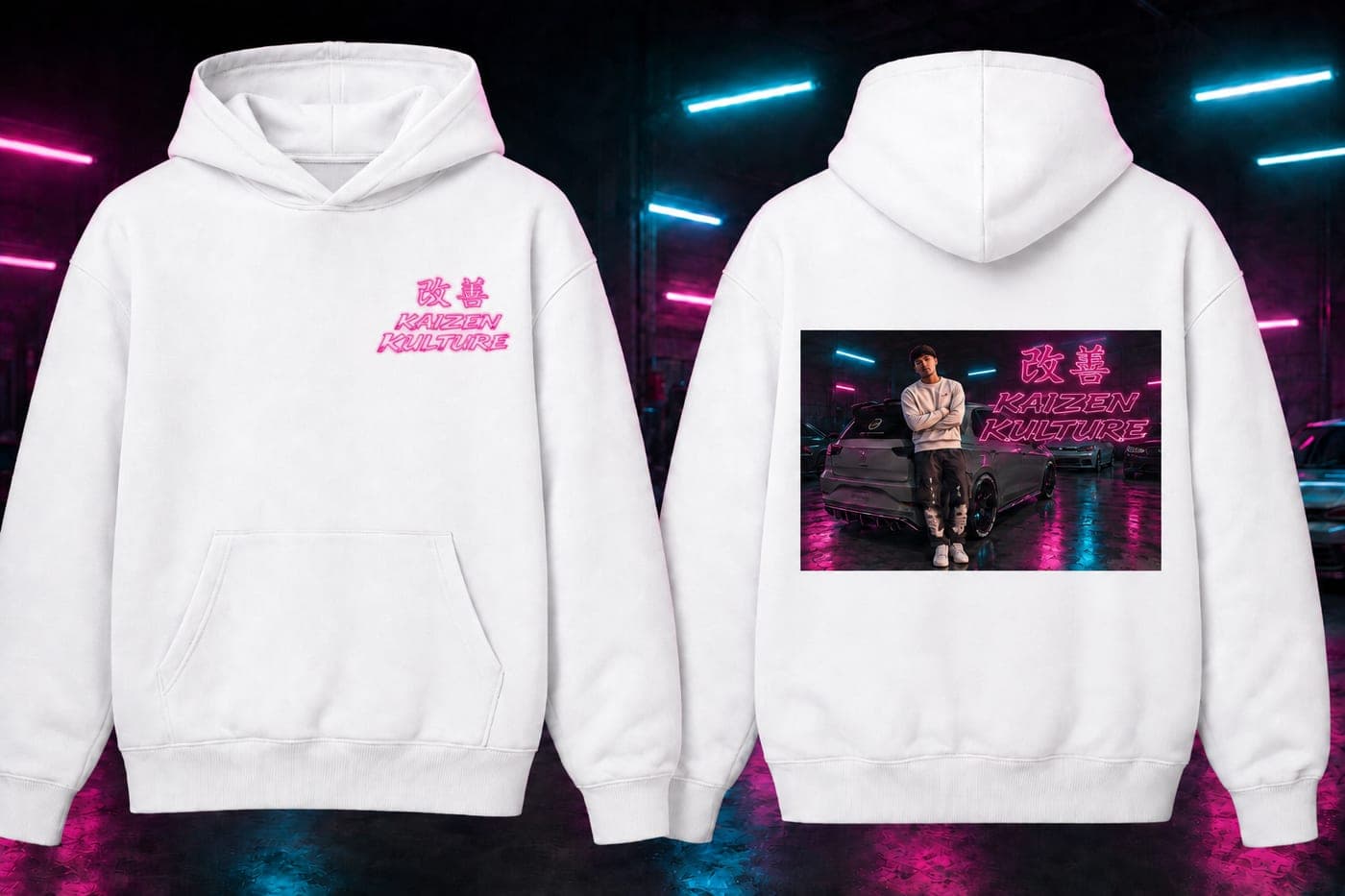White hoodie with a pink chest print and a personalised photo printed on the back