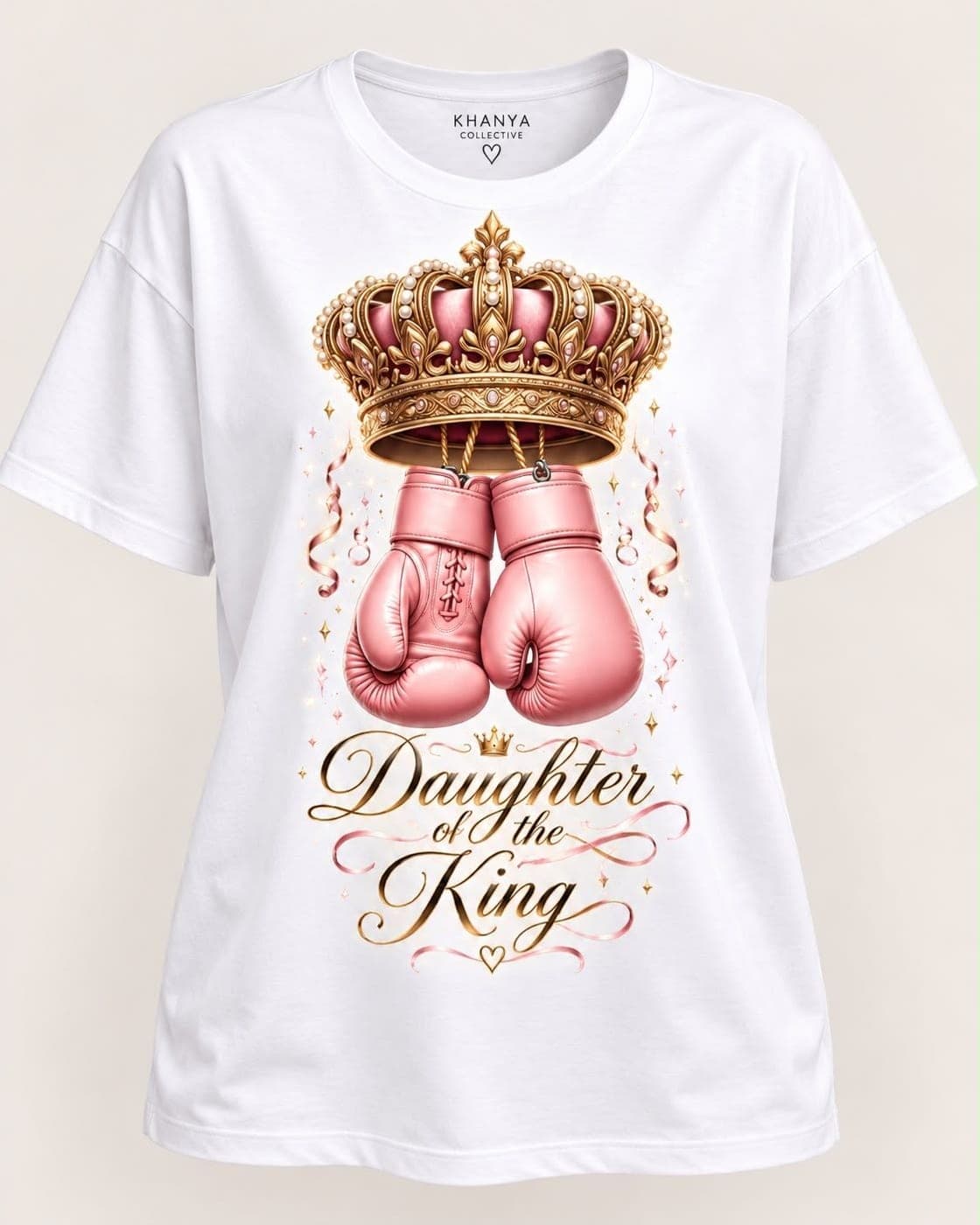 White T-shirt with a full-colour crown, boxing gloves and 'Daughter of the King' print