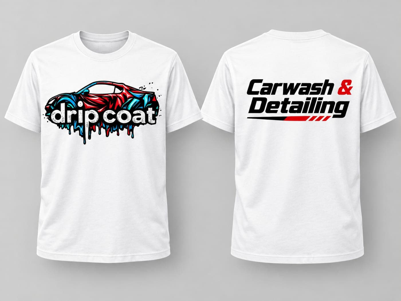 White T-shirts with the 'drip coat' logo on the front and 'Carwash & Detailing' on the back