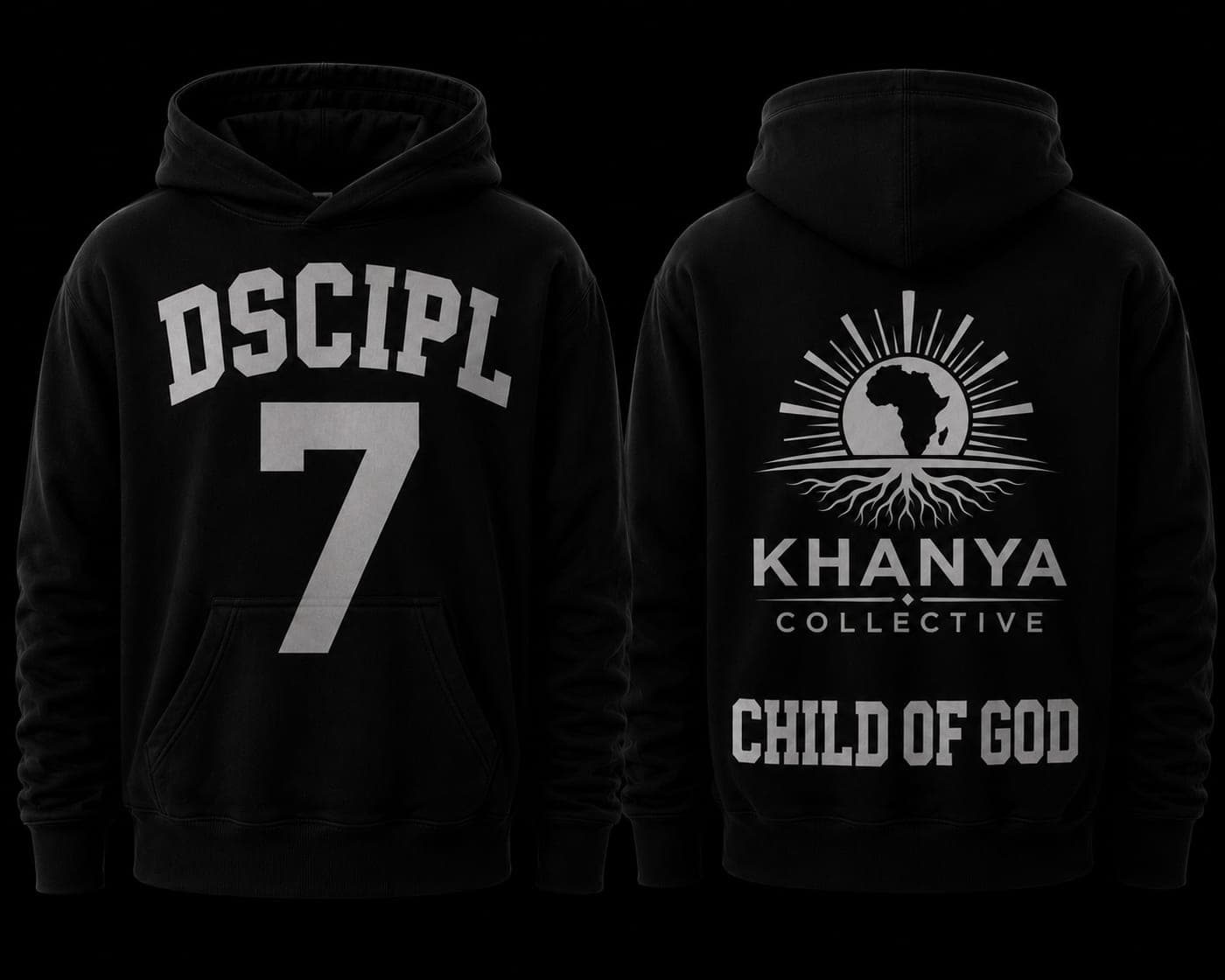 Black hoodie with a varsity 'DSCIPL 7' front and a Khanya Collective 'Child of God' back print