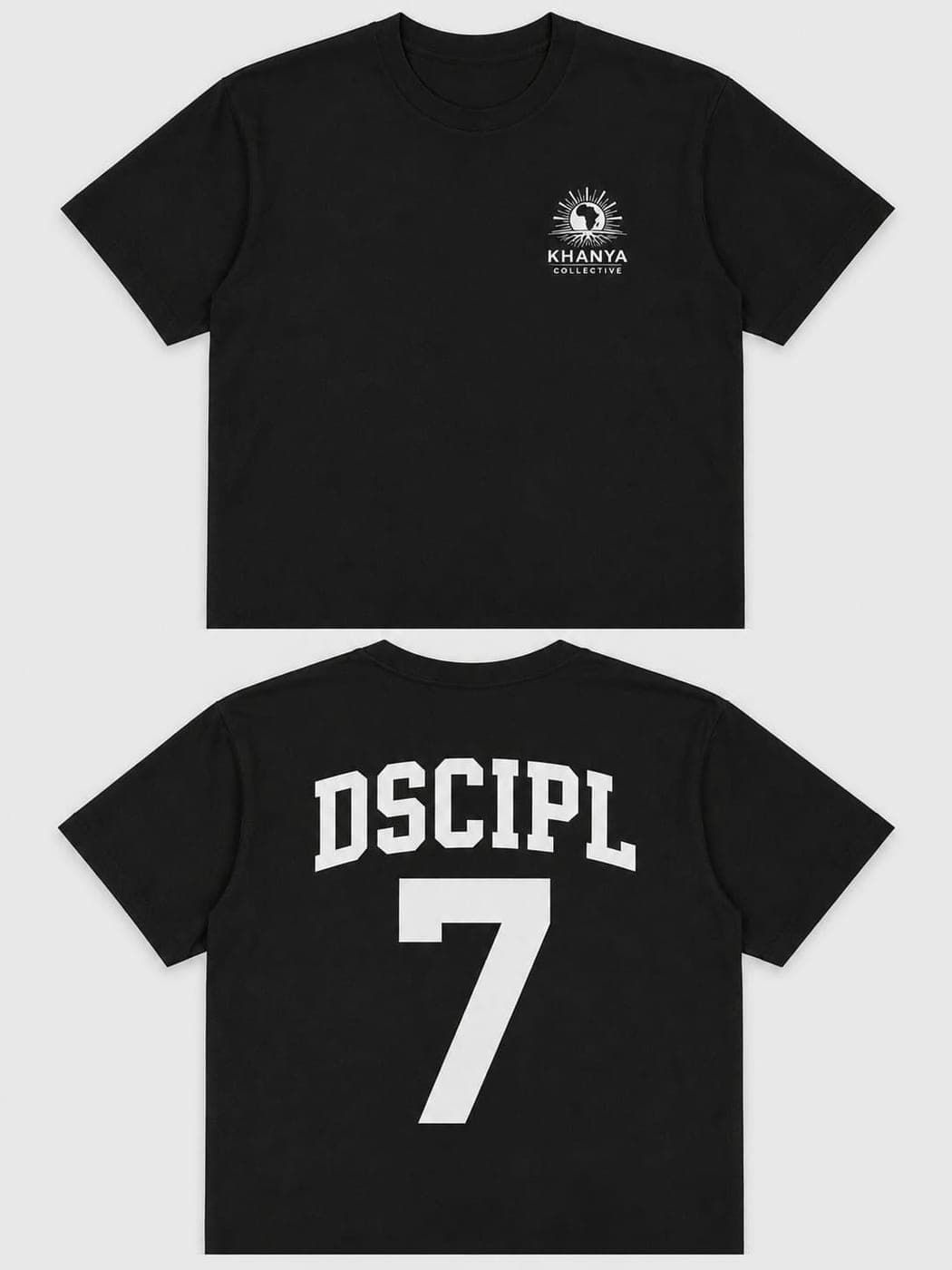 Black T-shirt with a small Khanya chest logo and a 'DSCIPL 7' varsity back print