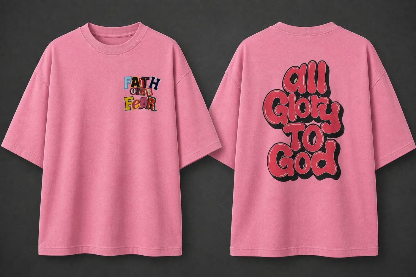 Oversized pink T-shirt with a 'Faith over Fear' chest print and 'All Glory to God' on the back