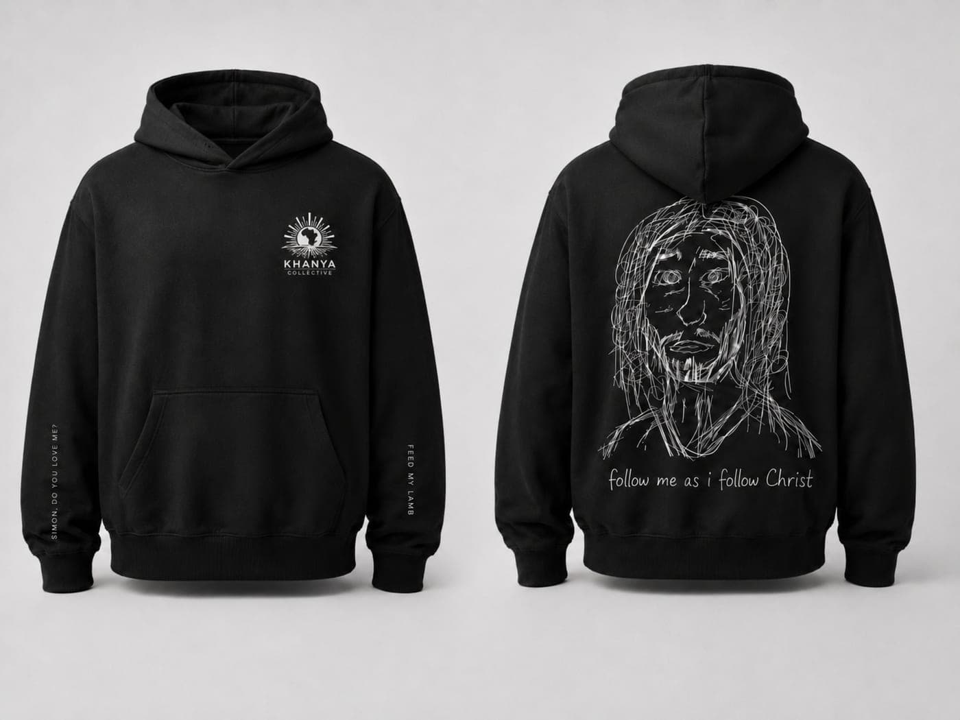 Black hoodie with a small Khanya Collective chest logo and a white line-art portrait on the back