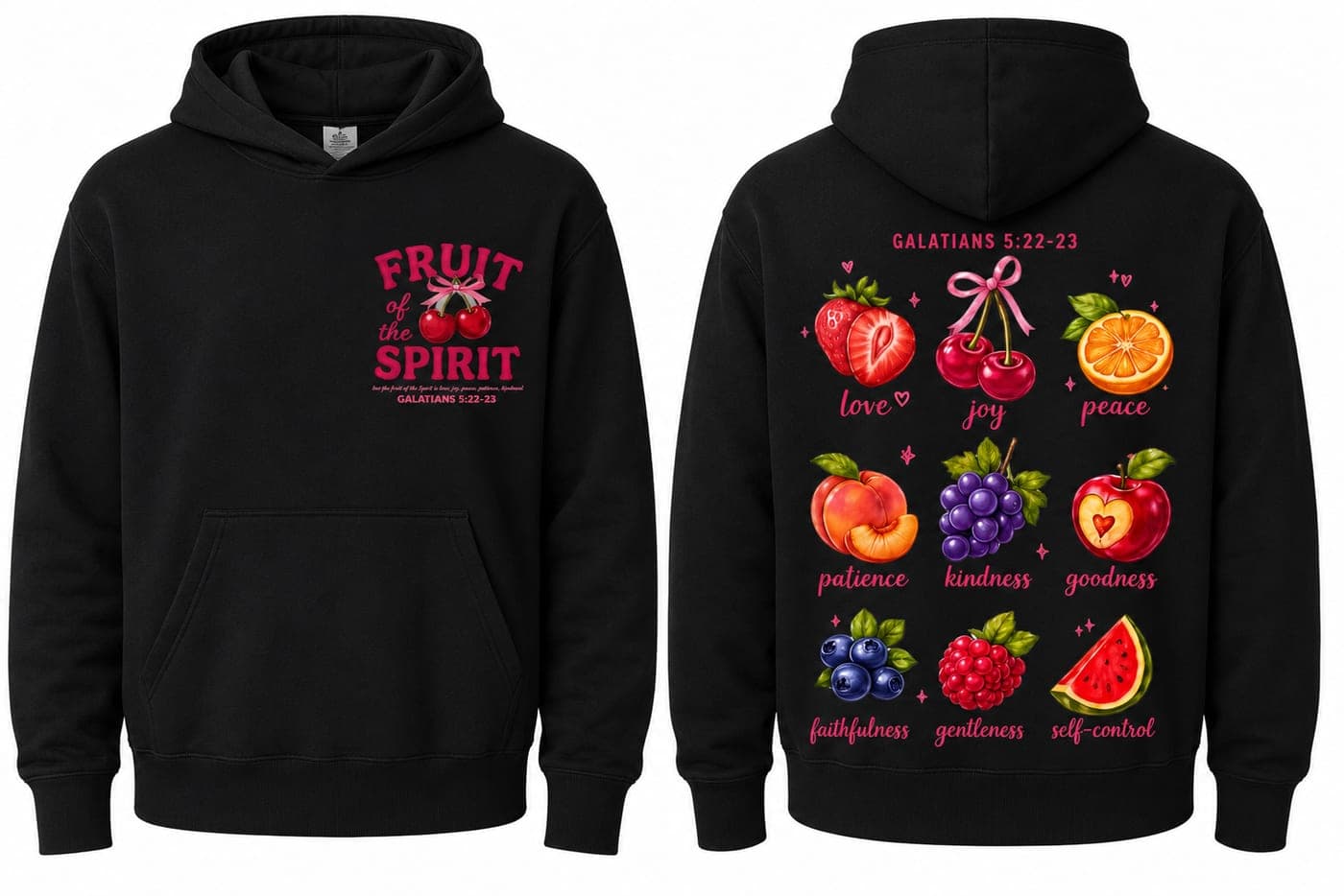 Black hoodie with a Fruit of the Spirit chest print and an illustrated fruit back print