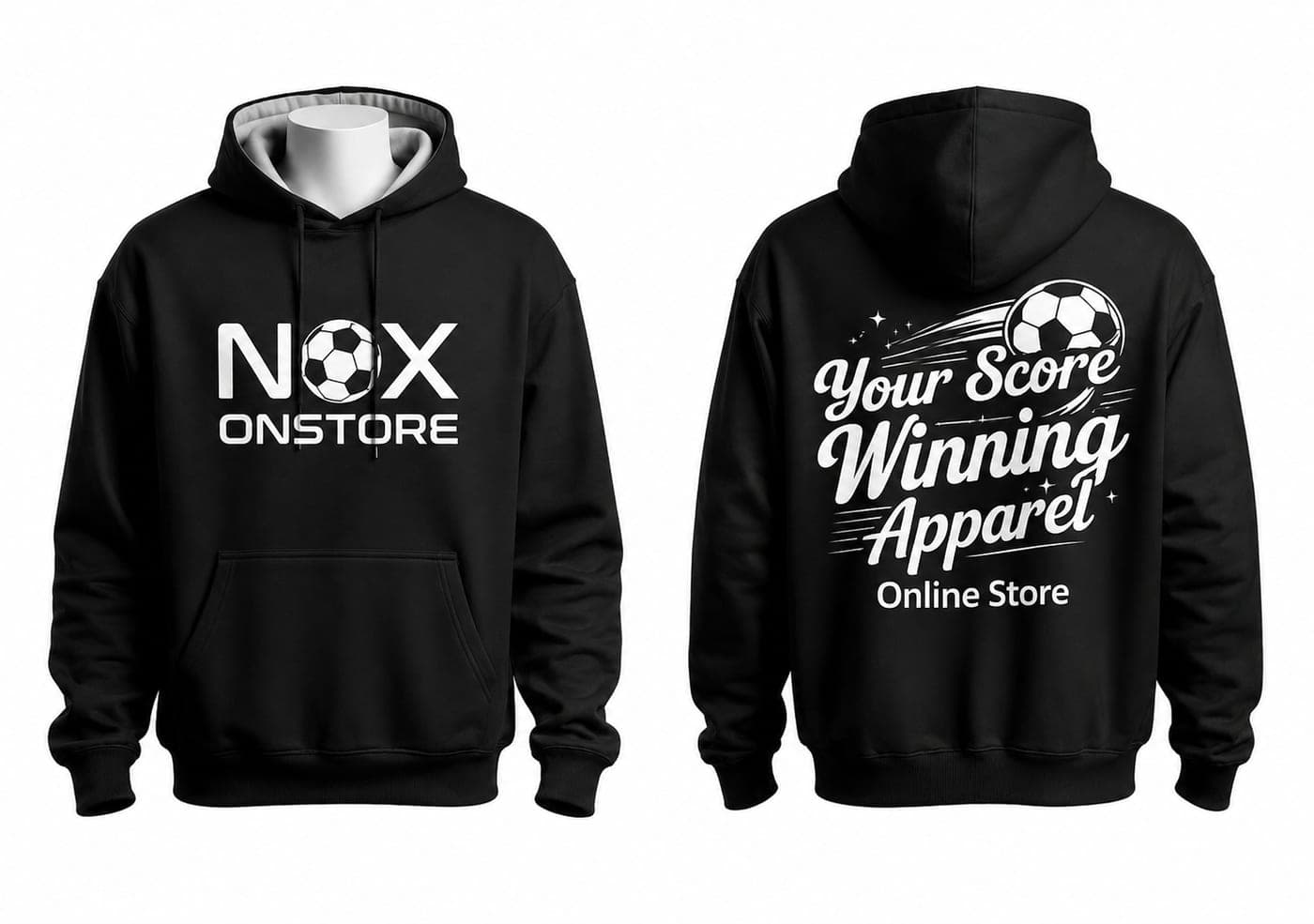 Black hoodies with the NOX Onstore logo on the front and a football-themed back print