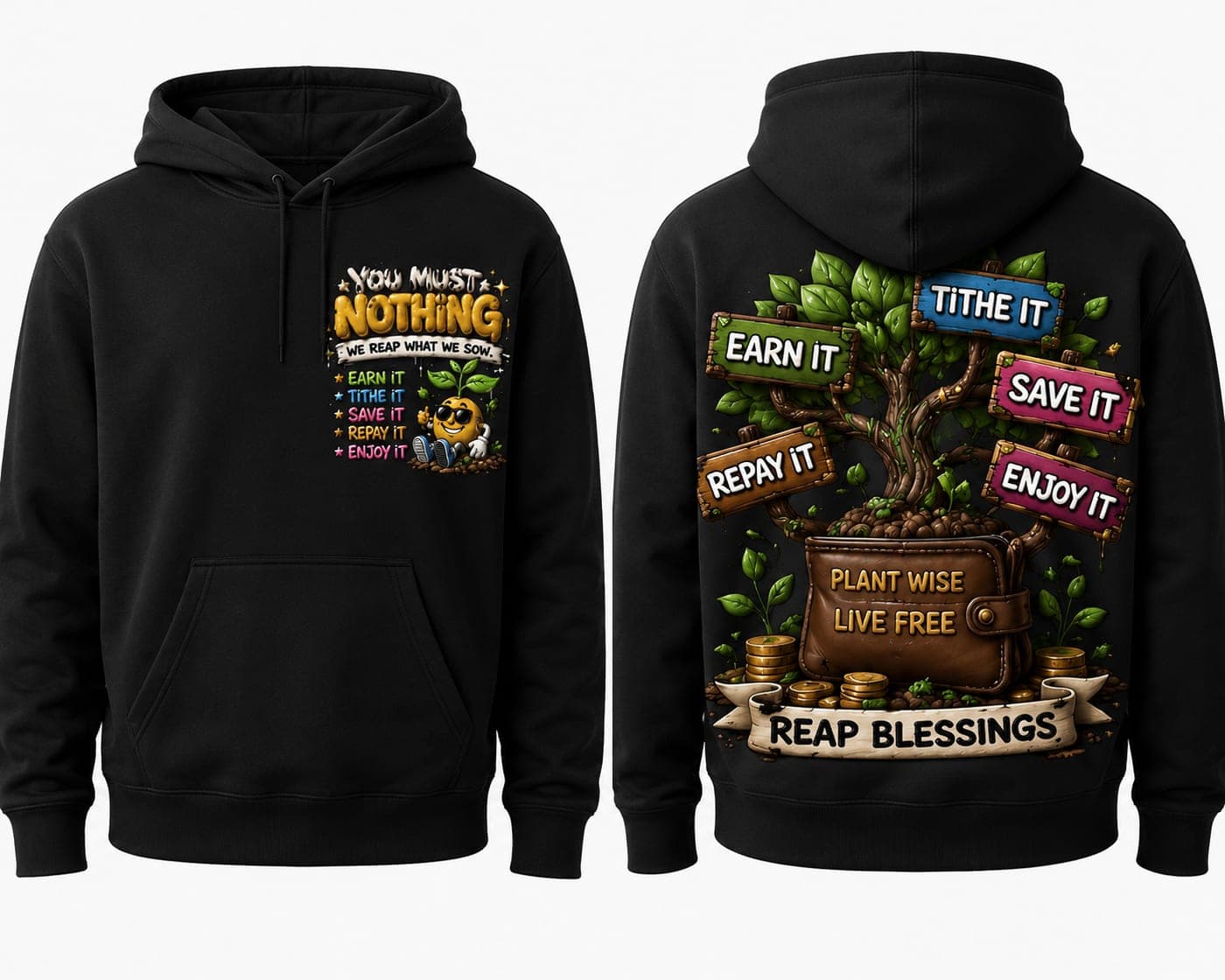 Black hoodie with a 'You Must Nothing' chest print and a detailed money-tree back print