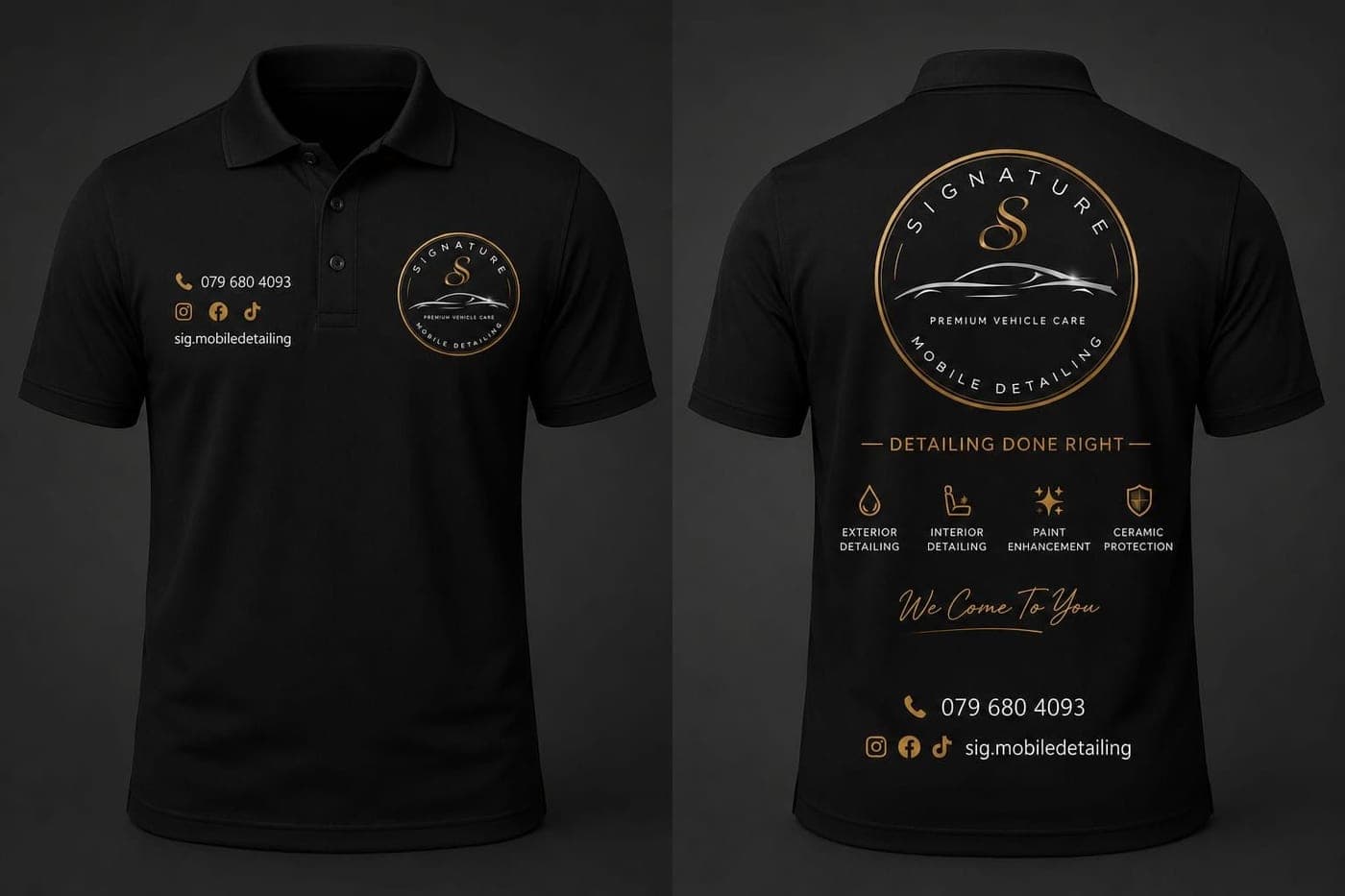 Black branded golf shirt for a mobile car detailing business, shown front and back