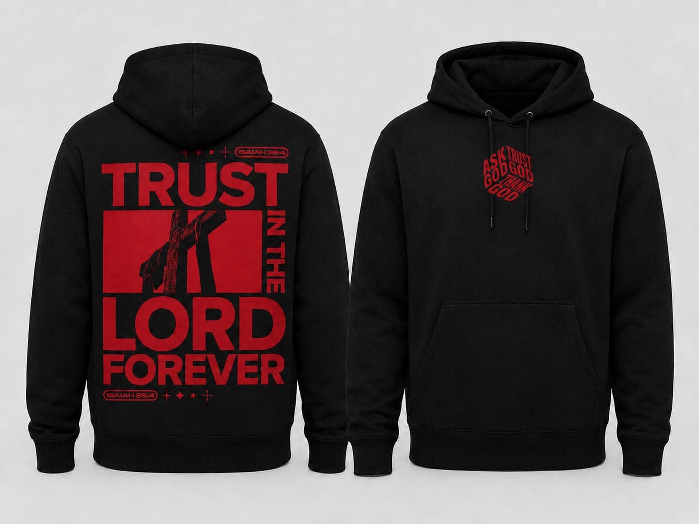 Black hoodie with a large red 'Trust in the Lord Forever' print and a small chest emblem