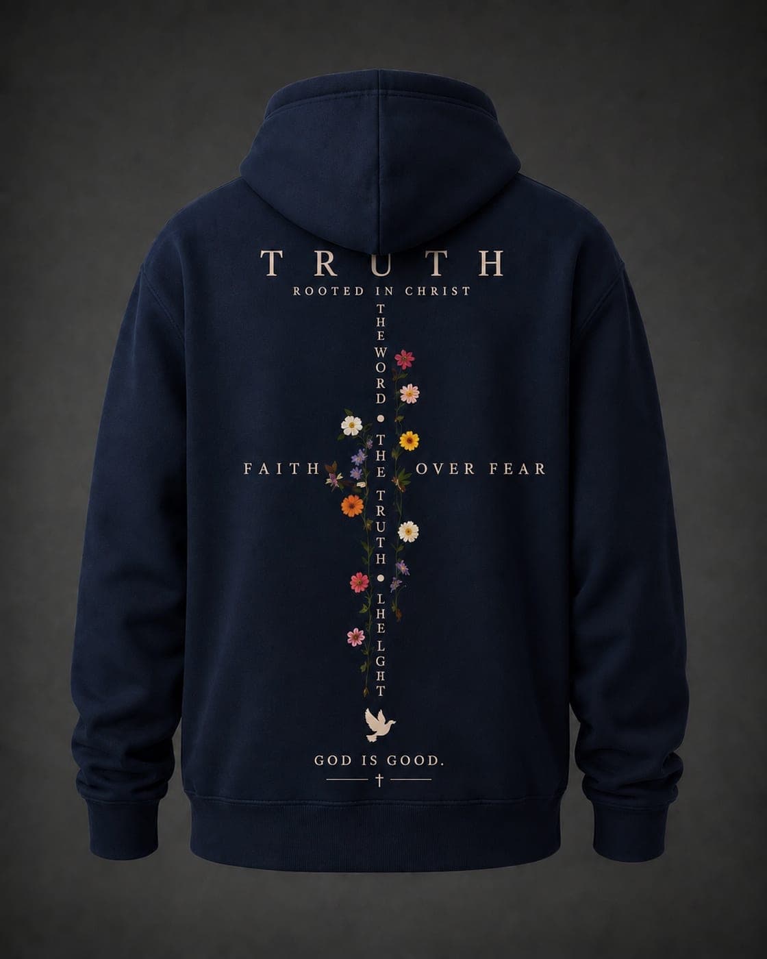Navy hoodie with a 'Truth' back print set around a floral cross
