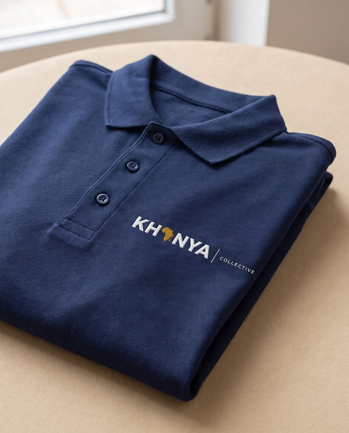 Folded navy golf shirt with an embroidered Khanya Collective chest logo