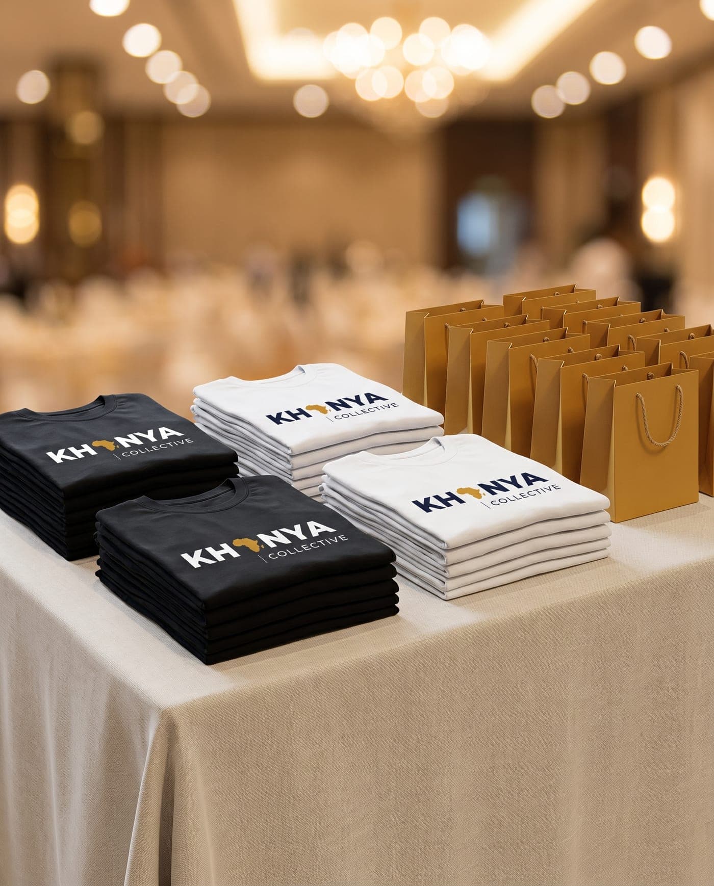 Event registration table with stacks of branded black and white T-shirts and ochre gift bags