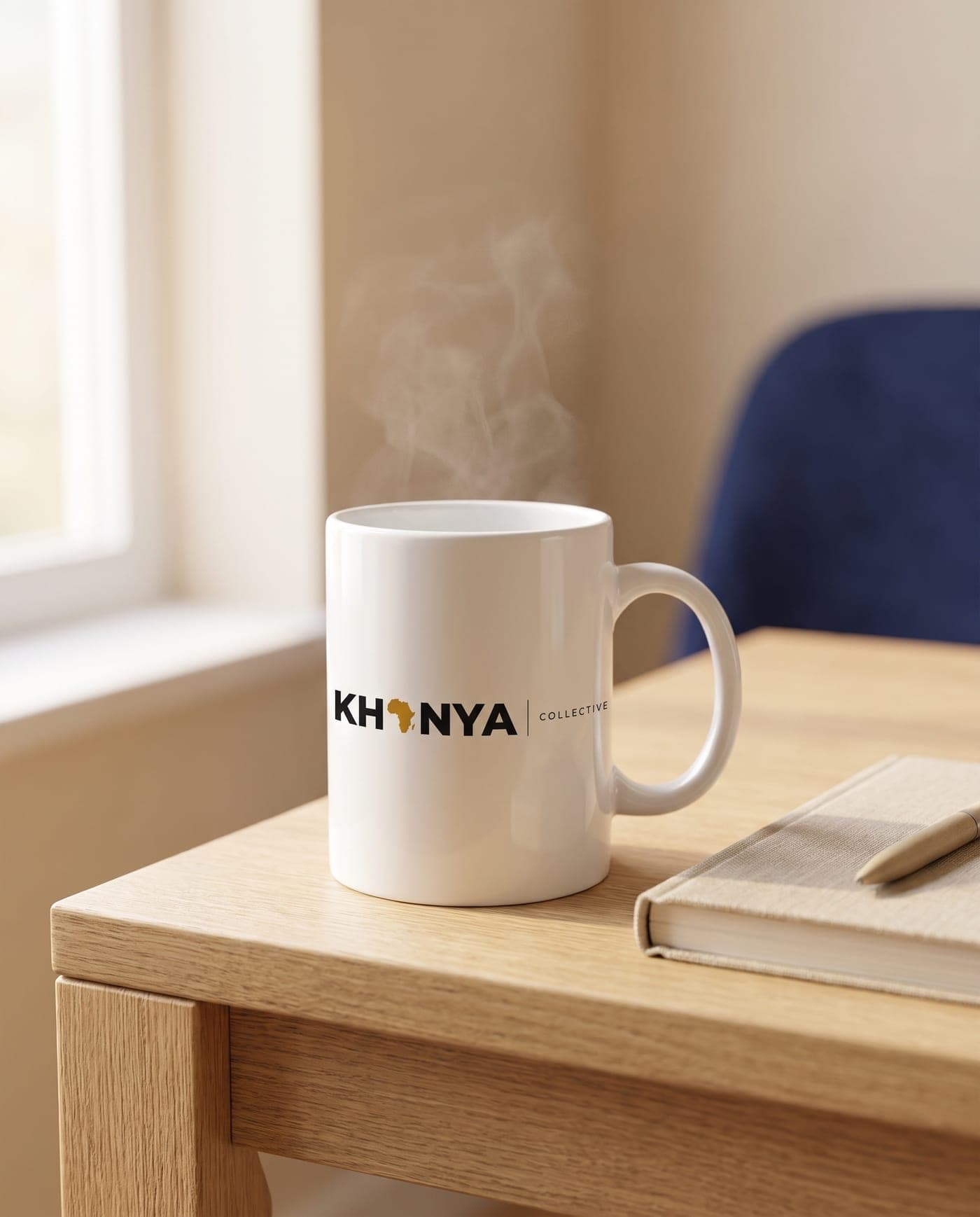 White mug printed with the Khanya Collective logo on a wooden desk in morning light