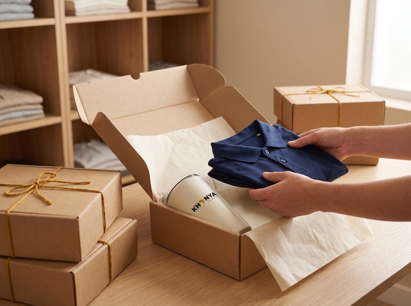 Packing a branded golf shirt and tumbler into a kraft box for courier delivery