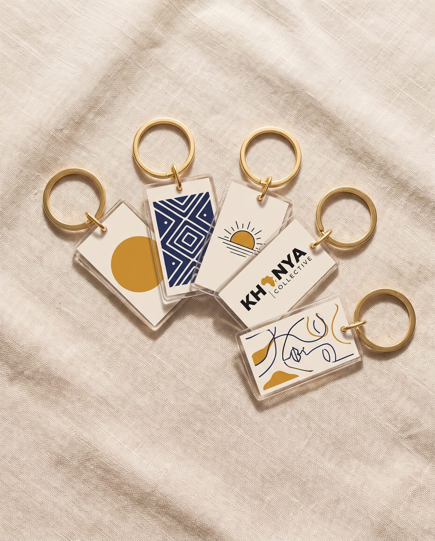 Five printed acrylic keyrings in ochre, navy and cream designs, one with the Khanya Collective logo
