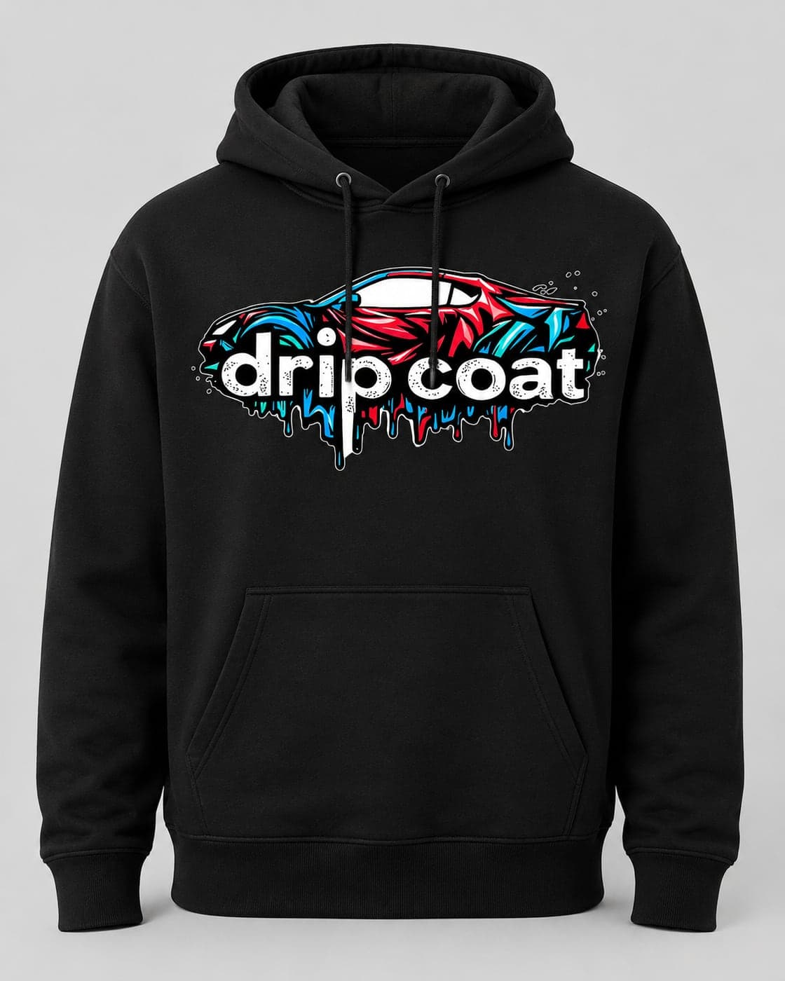 Black custom hoodie with a full-colour 'drip coat' graphic printed on the front